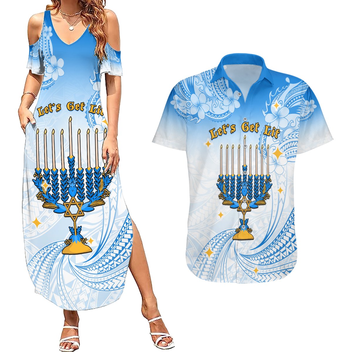 Polynesia Hanukkah Festival Couples Matching Summer Maxi Dress and Hawaiian Shirt With Menorah Polynesian Style LT05 Blue - Polynesian Pride