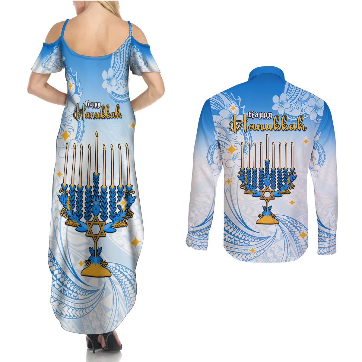 Polynesia Hanukkah Festival Couples Matching Summer Maxi Dress and Long Sleeve Button Shirt With Menorah Polynesian Style LT05 - Polynesian Pride