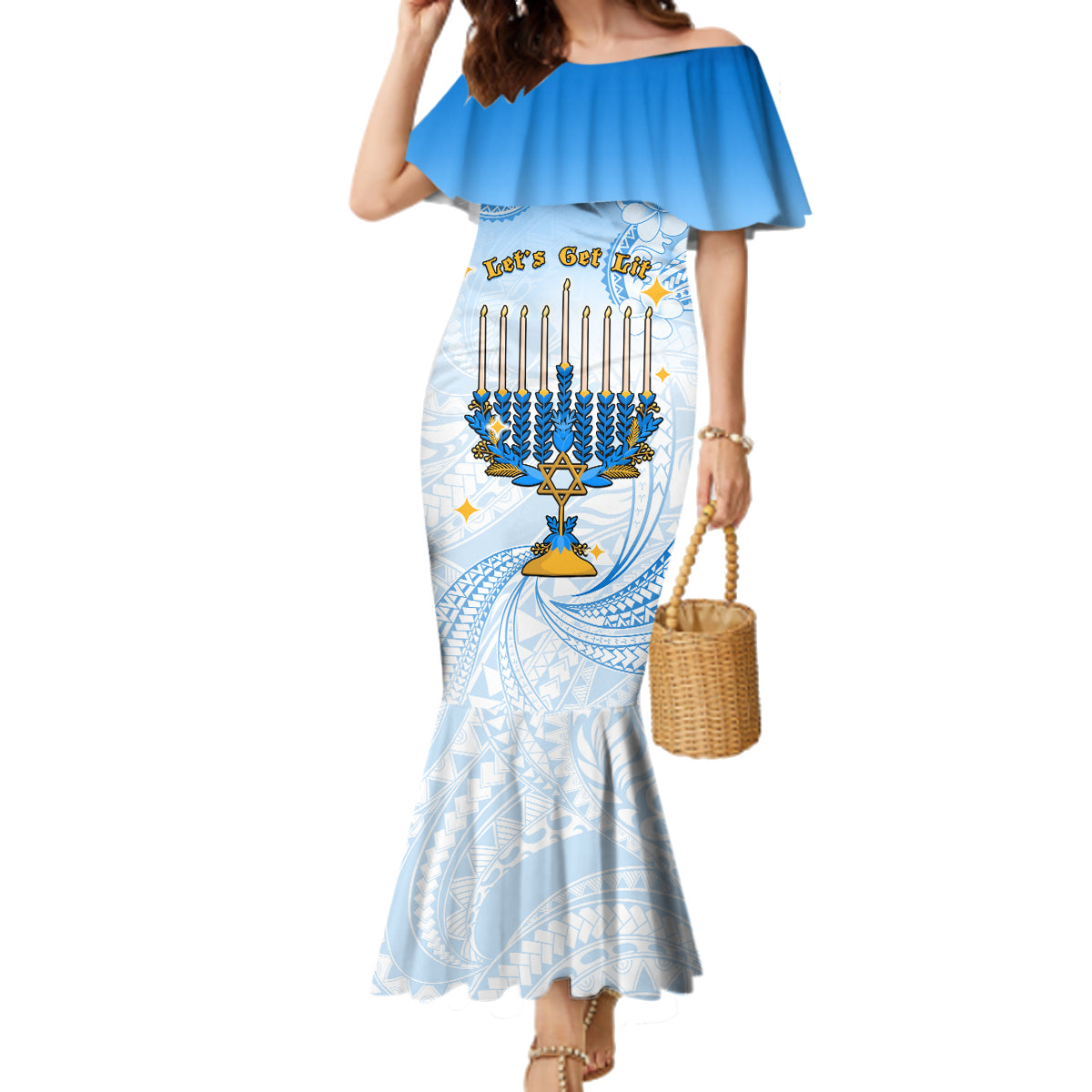 Polynesia Hanukkah Festival Family Matching Mermaid Dress and Hawaiian Shirt With Menorah Polynesian Style LT05 Mom's Dress Blue - Polynesian Pride