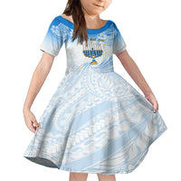 Polynesia Hanukkah Festival Family Matching Off Shoulder Long Sleeve Dress and Hawaiian Shirt With Menorah Polynesian Style LT05 Daughter's Dress Blue - Polynesian Pride