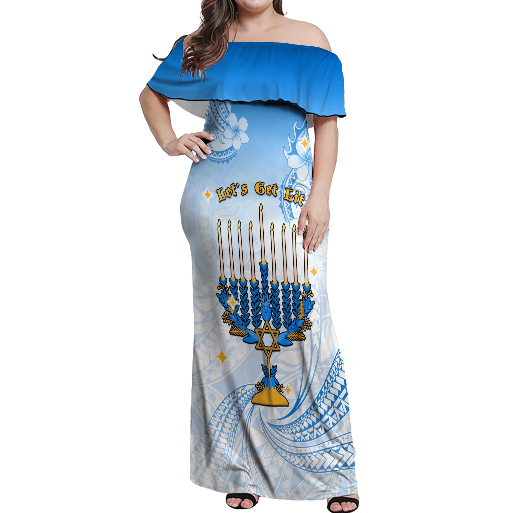 Polynesia Hanukkah Festival Off Shoulder Maxi Dress With Menorah Polynesian Style LT05 Women Blue - Polynesian Pride