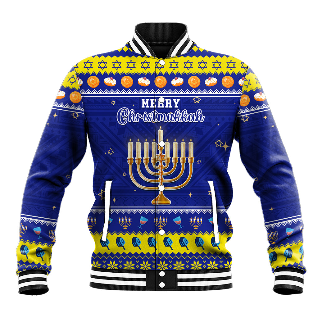 Personalised Polynesia Christmukkah Baseball Jacket Menorah With Polynesian Tribal Pattern LT05 Unisex Blue - Polynesian Pride