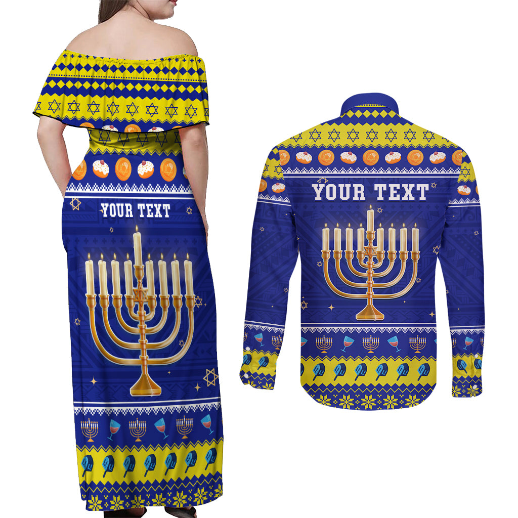 Personalised Polynesia Christmukkah Couples Matching Off Shoulder Maxi Dress and Long Sleeve Button Shirt Menorah With Polynesian Tribal Pattern LT05 - Polynesian Pride