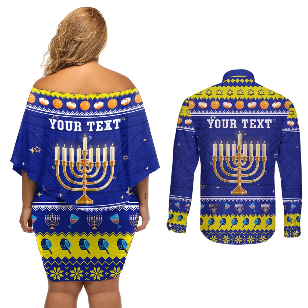 Personalised Polynesia Christmukkah Couples Matching Off Shoulder Short Dress and Long Sleeve Button Shirt Menorah With Polynesian Tribal Pattern LT05 - Polynesian Pride