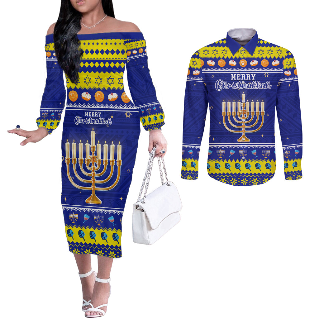Personalised Polynesia Christmukkah Couples Matching Off The Shoulder Long Sleeve Dress and Long Sleeve Button Shirt Menorah With Polynesian Tribal Pattern LT05 Blue - Polynesian Pride