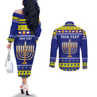 Personalised Polynesia Christmukkah Couples Matching Off The Shoulder Long Sleeve Dress and Long Sleeve Button Shirt Menorah With Polynesian Tribal Pattern LT05 - Polynesian Pride