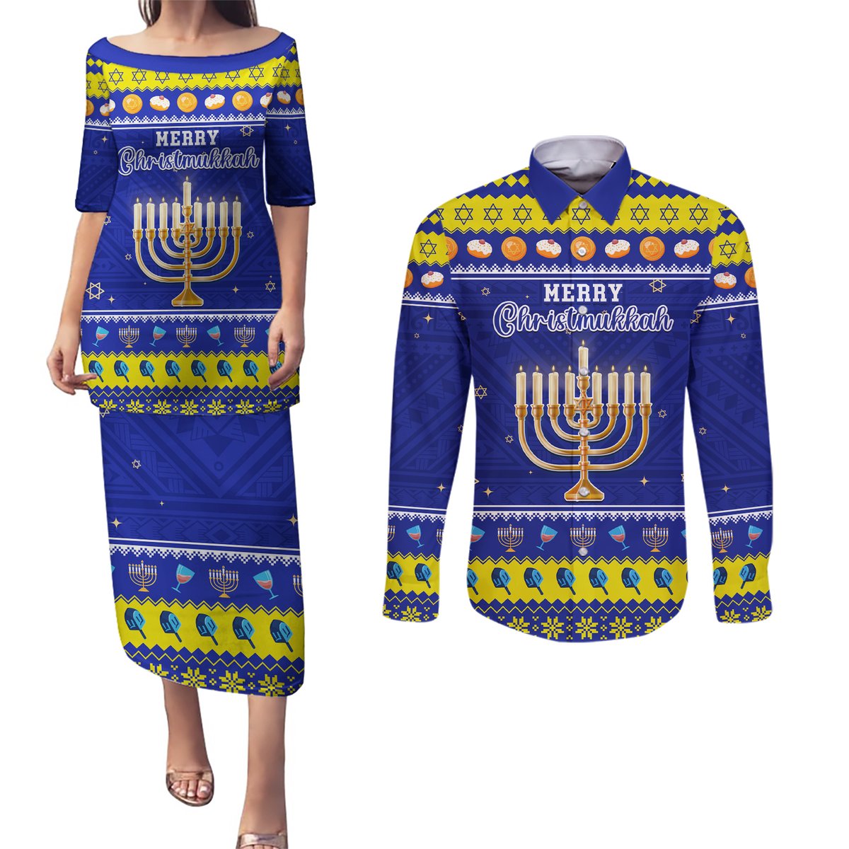Personalised Polynesia Christmukkah Couples Matching Puletasi Dress and Long Sleeve Button Shirt Menorah With Polynesian Tribal Pattern LT05 Blue - Polynesian Pride