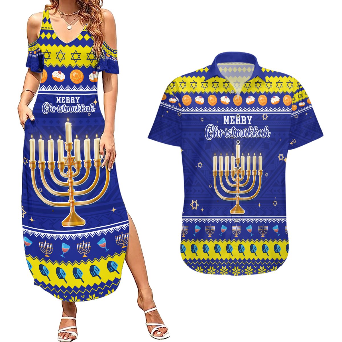 Personalised Polynesia Christmukkah Couples Matching Summer Maxi Dress and Hawaiian Shirt Menorah With Polynesian Tribal Pattern LT05 Blue - Polynesian Pride