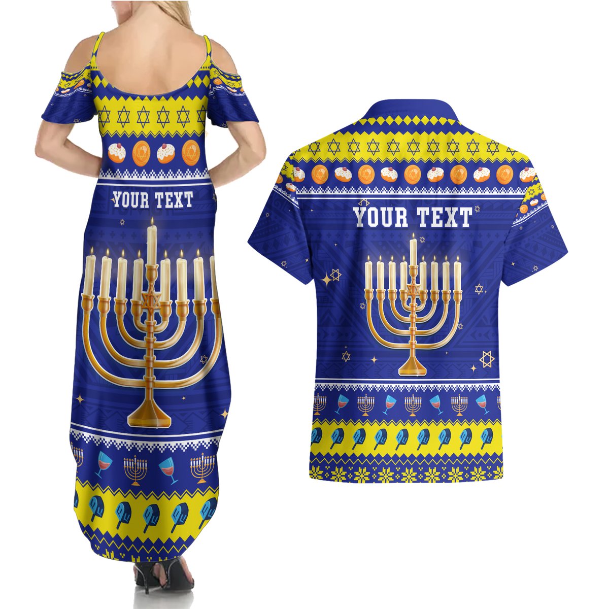 Personalised Polynesia Christmukkah Couples Matching Summer Maxi Dress and Hawaiian Shirt Menorah With Polynesian Tribal Pattern LT05 - Polynesian Pride