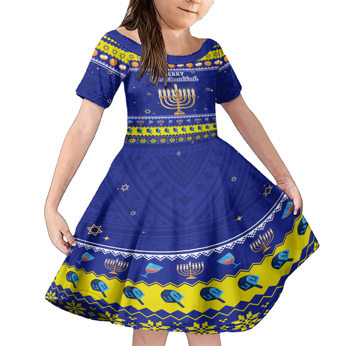 Personalised Polynesia Christmukkah Family Matching Off Shoulder Long Sleeve Dress and Hawaiian Shirt Menorah With Polynesian Tribal Pattern LT05 Daughter's Dress Blue - Polynesian Pride