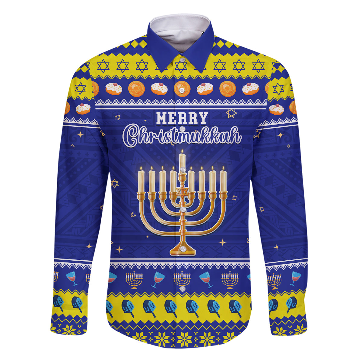Personalised Polynesia Christmukkah Family Matching Off Shoulder Short Dress and Hawaiian Shirt Menorah With Polynesian Tribal Pattern LT05 Dad's Shirt - Long Sleeve Blue - Polynesian Pride