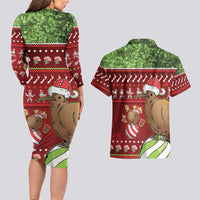 New Zealand Kiwi Christmas Couples Matching Long Sleeve Bodycon Dress and Hawaiian Shirt Paua Shell Glitter Green LT05 - Polynesian Pride