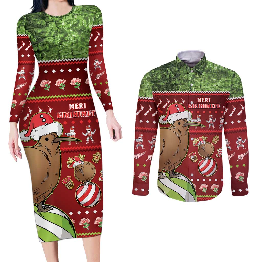 New Zealand Kiwi Christmas Couples Matching Long Sleeve Bodycon Dress and Long Sleeve Button Shirt Paua Shell Glitter Green LT05 Red - Polynesian Pride