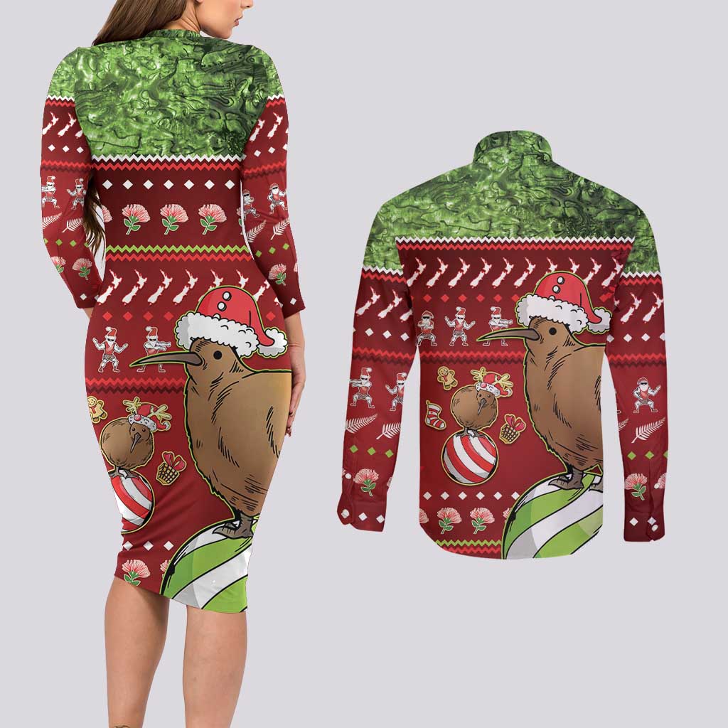 New Zealand Kiwi Christmas Couples Matching Long Sleeve Bodycon Dress and Long Sleeve Button Shirt Paua Shell Glitter Green LT05 - Polynesian Pride