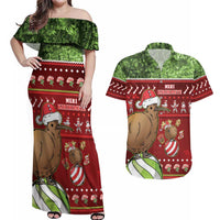 New Zealand Kiwi Christmas Couples Matching Off Shoulder Maxi Dress and Hawaiian Shirt Paua Shell Glitter Green LT05 Red - Polynesian Pride