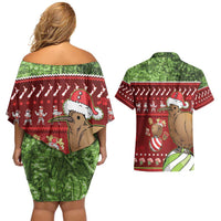 New Zealand Kiwi Christmas Couples Matching Off Shoulder Short Dress and Hawaiian Shirt Paua Shell Glitter Green LT05 - Polynesian Pride