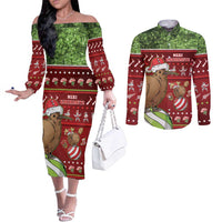 New Zealand Kiwi Christmas Couples Matching Off The Shoulder Long Sleeve Dress and Long Sleeve Button Shirt Paua Shell Glitter Green LT05 Red - Polynesian Pride