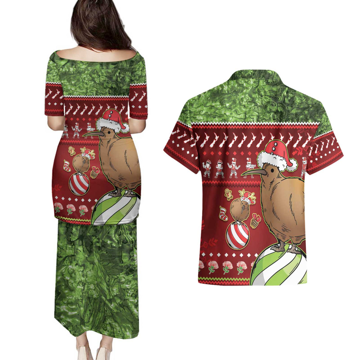 New Zealand Kiwi Christmas Couples Matching Puletasi and Hawaiian Shirt Paua Shell Glitter Green
