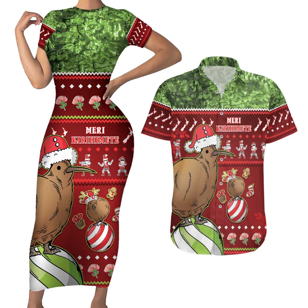 New Zealand Kiwi Christmas Couples Matching Short Sleeve Bodycon Dress and Hawaiian Shirt Paua Shell Glitter Green LT05 Red - Polynesian Pride