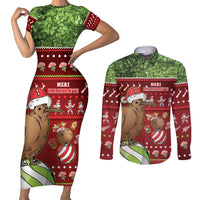 New Zealand Kiwi Christmas Couples Matching Short Sleeve Bodycon Dress and Long Sleeve Button Shirt Paua Shell Glitter Green LT05 Red - Polynesian Pride