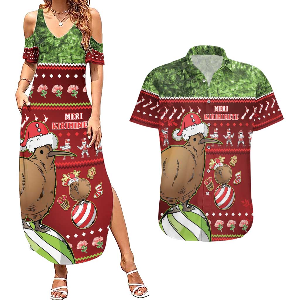 New Zealand Kiwi Christmas Couples Matching Summer Maxi Dress and Hawaiian Shirt Paua Shell Glitter Green LT05 Red - Polynesian Pride