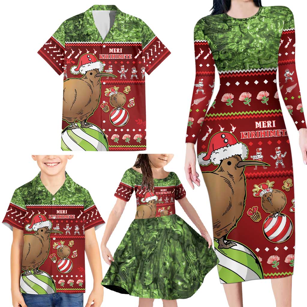 New Zealand Kiwi Christmas Family Matching Long Sleeve Bodycon Dress and Hawaiian Shirt Paua Shell Glitter Green LT05 - Polynesian Pride
