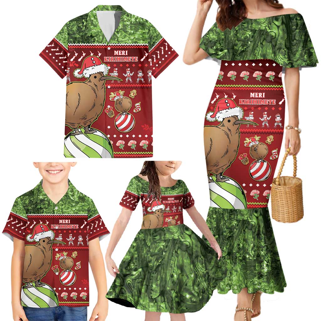 New Zealand Kiwi Christmas Family Matching Mermaid Dress and Hawaiian Shirt Paua Shell Glitter Green LT05 - Polynesian Pride