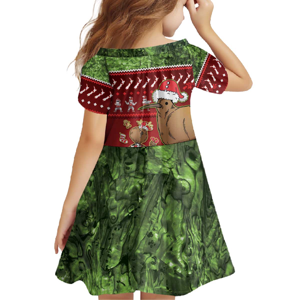 New Zealand Kiwi Christmas Family Matching Off The Shoulder Long Sleeve Dress and Hawaiian Shirt Paua Shell Glitter Green LT05 - Polynesian Pride