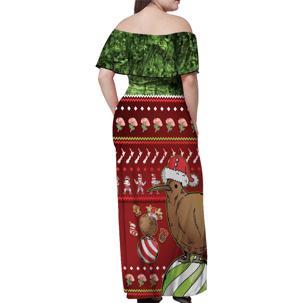 New Zealand Kiwi Christmas Family Matching Off Shoulder Maxi Dress and Hawaiian Shirt Paua Shell Glitter Green LT05 - Polynesian Pride