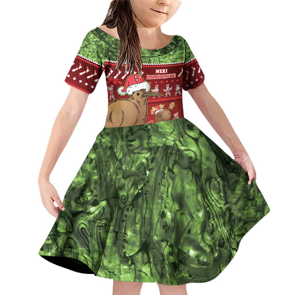 New Zealand Kiwi Christmas Family Matching Off Shoulder Short Dress and Hawaiian Shirt Paua Shell Glitter Green LT05 Daughter's Dress Red - Polynesian Pride