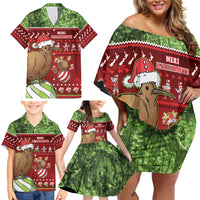 New Zealand Kiwi Christmas Family Matching Off Shoulder Short Dress and Hawaiian Shirt Paua Shell Glitter Green LT05 - Polynesian Pride