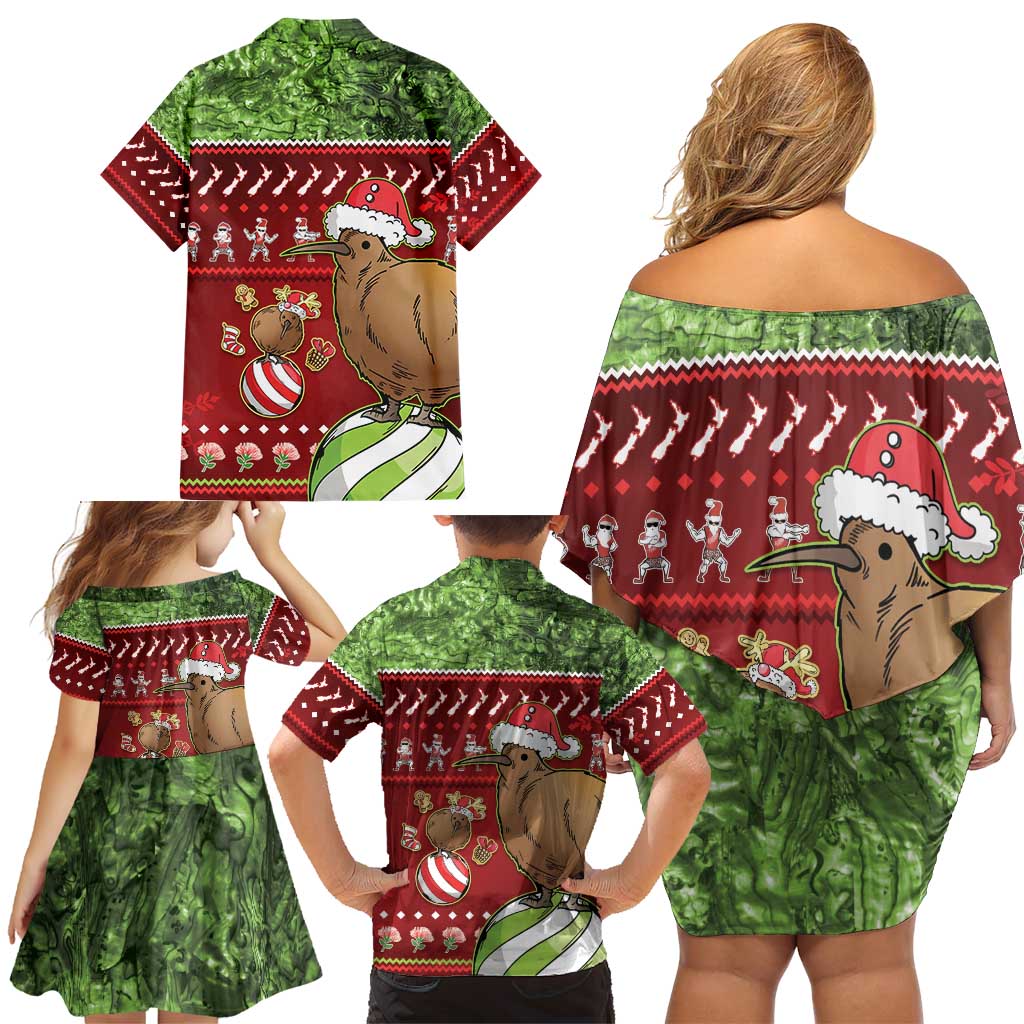 New Zealand Kiwi Christmas Family Matching Off Shoulder Short Dress and Hawaiian Shirt Paua Shell Glitter Green LT05 - Polynesian Pride