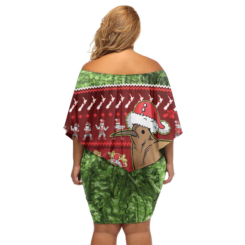 New Zealand Kiwi Christmas Family Matching Off Shoulder Short Dress and Hawaiian Shirt Paua Shell Glitter Green LT05 - Polynesian Pride