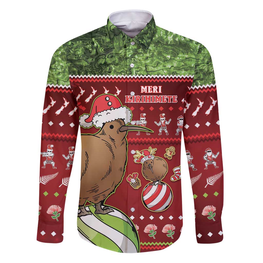 New Zealand Kiwi Christmas Family Matching Puletasi and Hawaiian Shirt Paua Shell Glitter Green LT05 Dad's Shirt - Long Sleeve Red - Polynesian Pride