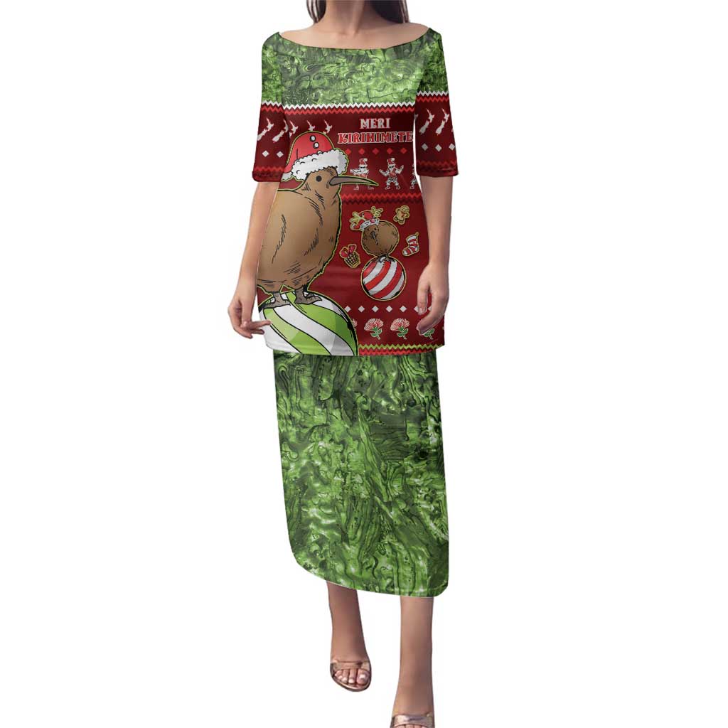 New Zealand Kiwi Christmas Family Matching Puletasi and Hawaiian Shirt Paua Shell Glitter Green LT05 Mom's Dress Red - Polynesian Pride