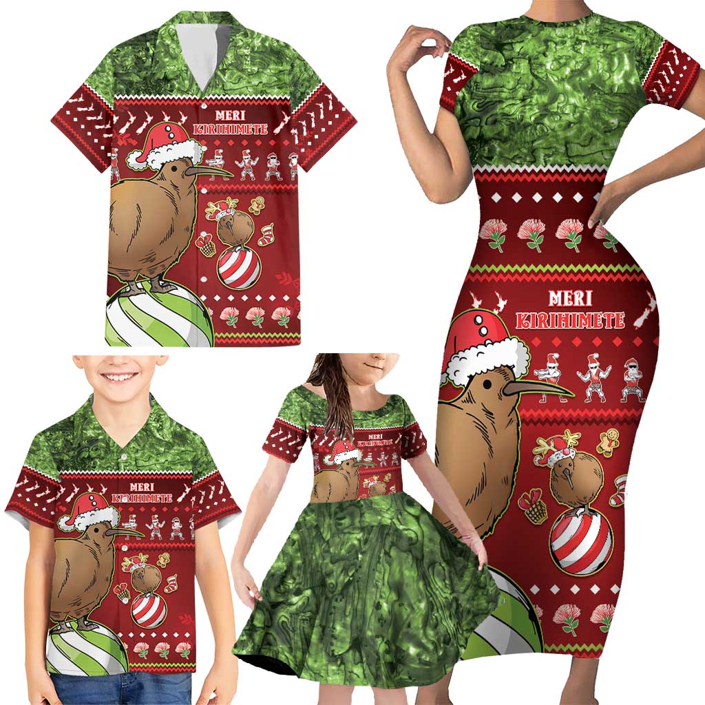 New Zealand Kiwi Christmas Family Matching Short Sleeve Bodycon Dress and Hawaiian Shirt Paua Shell Glitter Green LT05 - Polynesian Pride