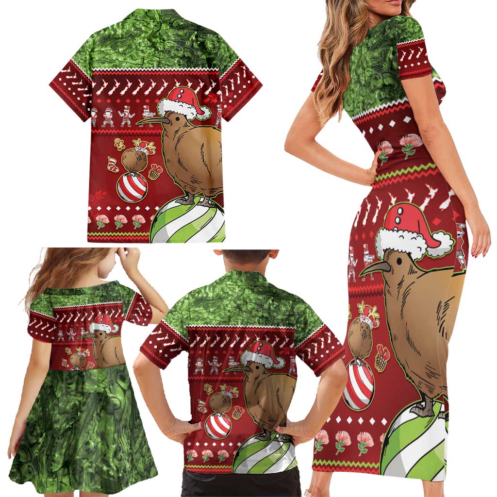 New Zealand Kiwi Christmas Family Matching Short Sleeve Bodycon Dress and Hawaiian Shirt Paua Shell Glitter Green LT05 - Polynesian Pride