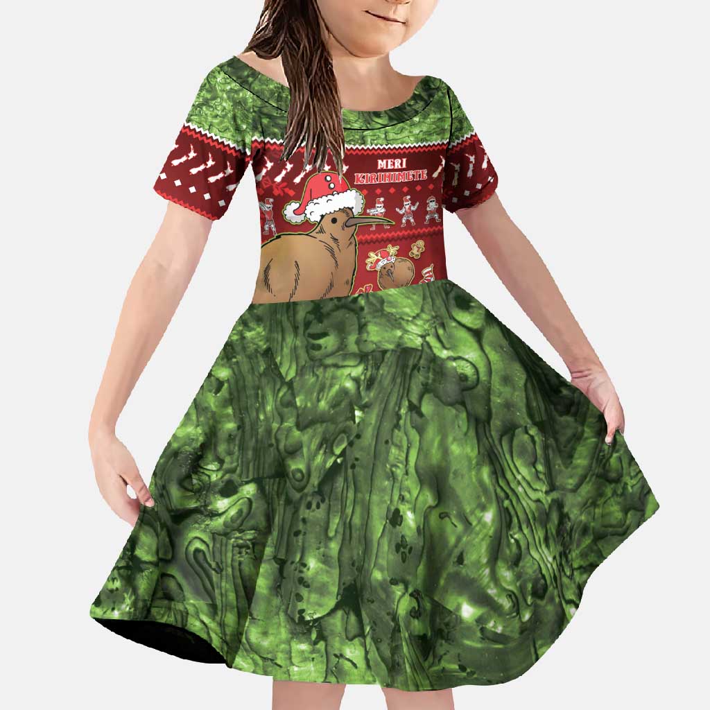 New Zealand Kiwi Christmas Family Matching Summer Maxi Dress and Hawaiian Shirt Paua Shell Glitter Green LT05 Daughter's Dress Red - Polynesian Pride
