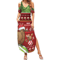 New Zealand Kiwi Christmas Family Matching Summer Maxi Dress and Hawaiian Shirt Paua Shell Glitter Green LT05 Mom's Dress Red - Polynesian Pride
