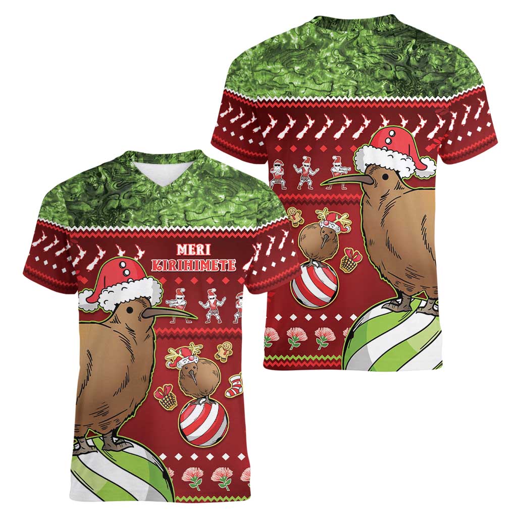 New Zealand Kiwi Christmas Women V-Neck T-Shirt Paua Shell Glitter Green