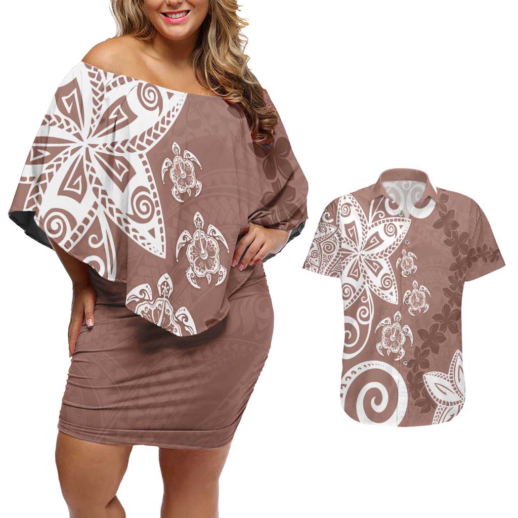 Polynesia Couples Matching Off Shoulder Short Dress and Hawaiian Shirt Brown Tribal Turtle Floral Pattern