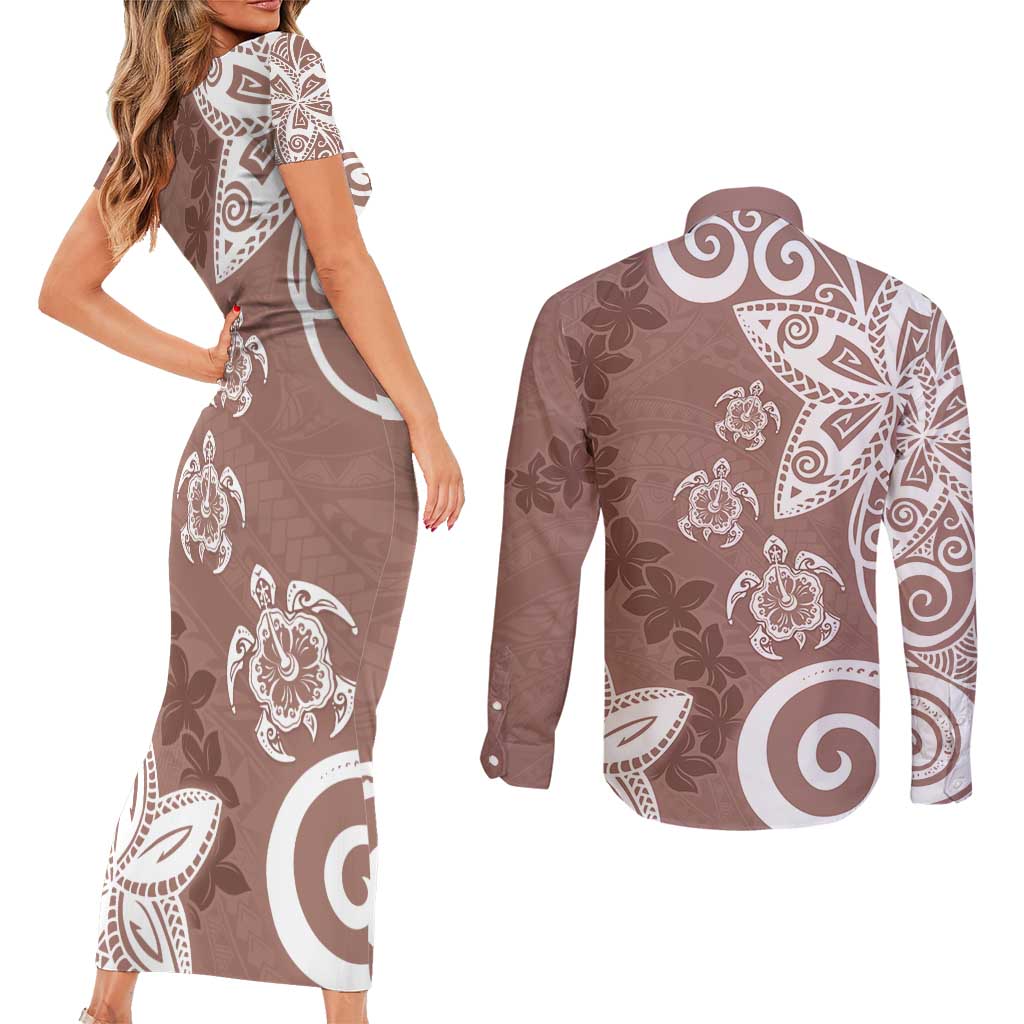 Polynesia Couples Matching Short Sleeve Bodycon Dress and Long Sleeve Button Shirt Brown Tribal Turtle Floral Pattern