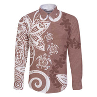 Polynesia Family Matching Off Shoulder Short Dress and Hawaiian Shirt Brown Tribal Turtle Floral Pattern