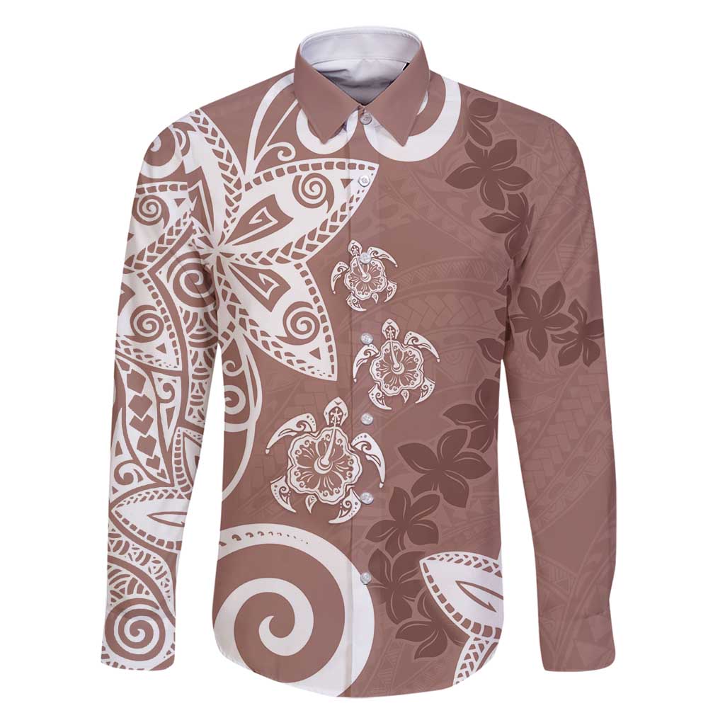 Polynesia Family Matching Puletasi and Hawaiian Shirt Brown Tribal Turtle Floral Pattern LT05 Dad's Shirt - Long Sleeve Brown - Polynesian Pride
