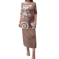 Polynesia Family Matching Puletasi and Hawaiian Shirt Brown Tribal Turtle Floral Pattern LT05 Mom's Dress Brown - Polynesian Pride