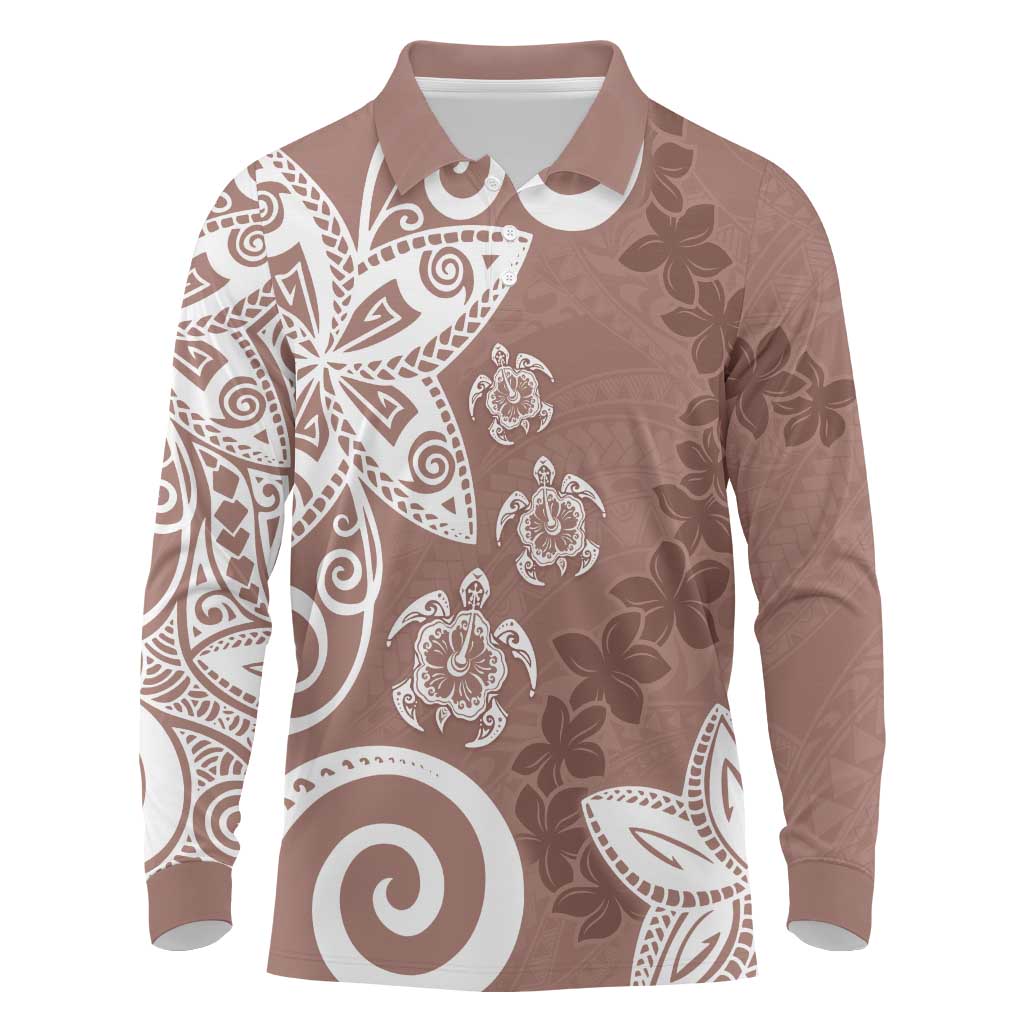 Polynesia Long Sleeve Polo Shirt Brown Tribal Turtle Floral Pattern