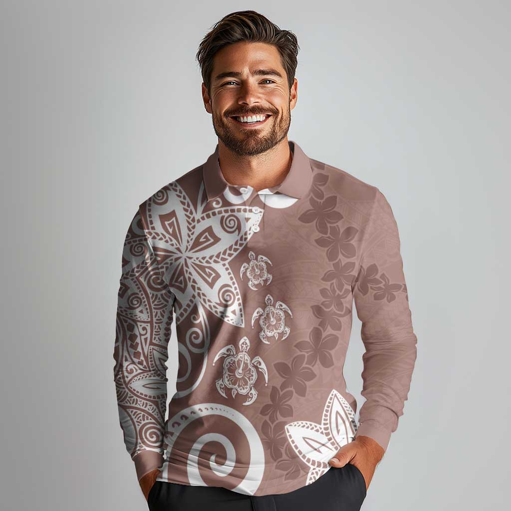 Polynesia Long Sleeve Polo Shirt Brown Tribal Turtle Floral Pattern