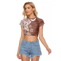 Polynesia Raglan Cropped T Shirt Brown Tribal Turtle Floral Pattern
