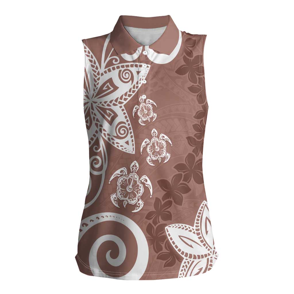 Polynesia Women Sleeveless Polo Shirt Brown Tribal Turtle Floral Pattern