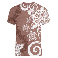Polynesia Women V-Neck T-Shirt Brown Tribal Turtle Floral Pattern